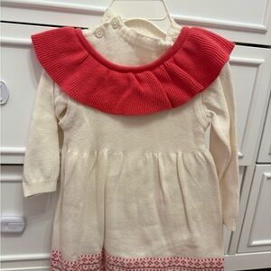 First Impressions Cream Dress with Red Collar